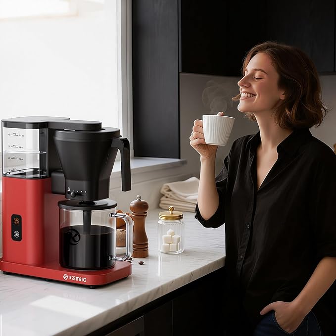 Kismile 8 Cup Drip Coffee Maker Machine Pour Over Coffee Brew with 3s Instant Heat 197-205℉ Removable Water Tank Adjustable Flow Control Deep Cold Brew &amp Keep Warm 40 Min Easy to Clean (Red)