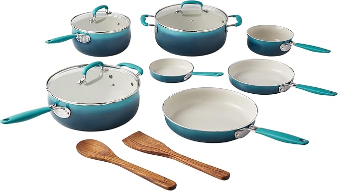 12-Piece Enamel Classic Ceramic Cookware Set Ombre Teal