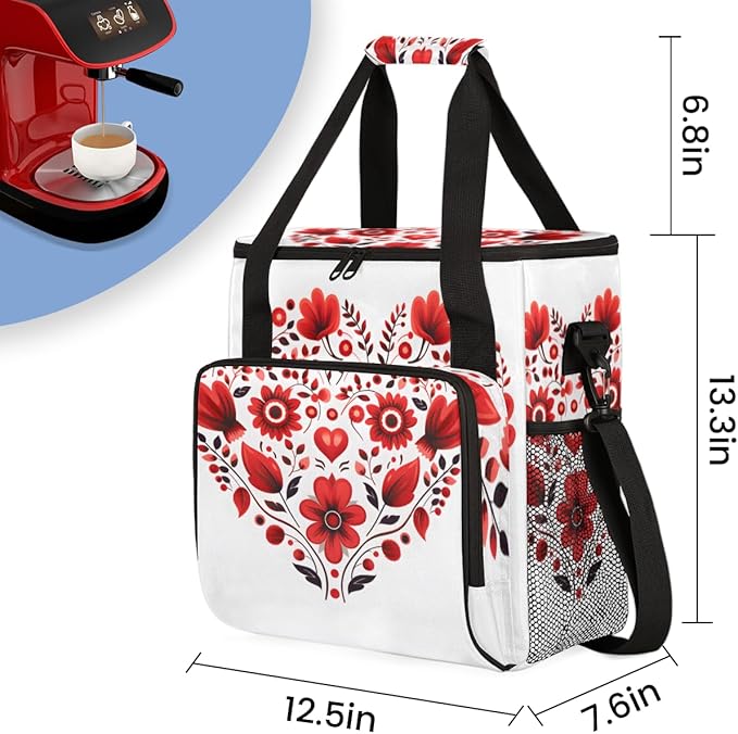 Heart Flowers Coffee Maker Carrying Bag Portable Travel Storage Tote Bag Compatible with K-Mini or K-Mini Plus Single Serve Coffee Brewer Carrying Case with Multiple Pockets &amp Shoulder Strap