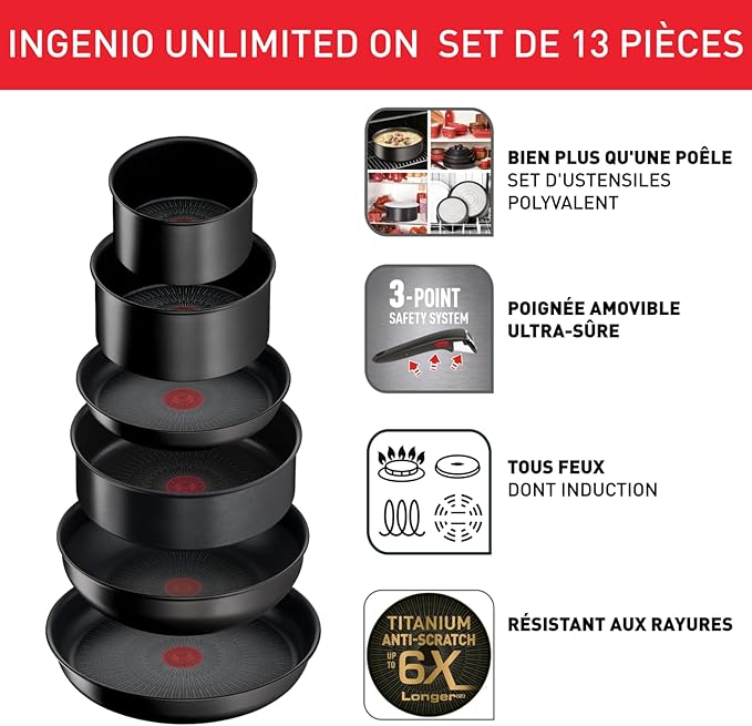 Tefal Ingenio Unlimited On 13 Piece Set Pots &amp Pans Set Stackable Easy Cleaning Non-Stick Coating Heat Indicator Induction Black L3959243