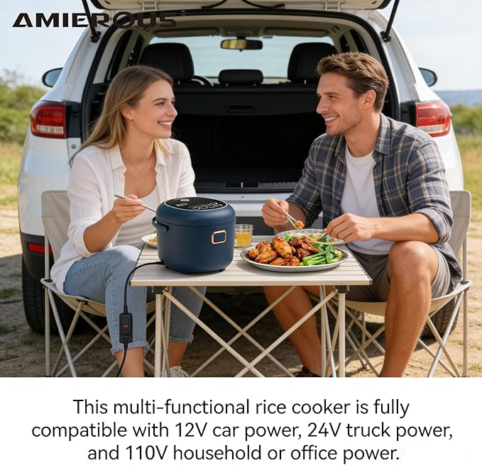 12V/24V/110V Rice Cooker Mini 2L Portable Multicooker 24h Keep Warm Small with Steam Tray Picnic Camping Travel For Car/Truck/Home (Blue)