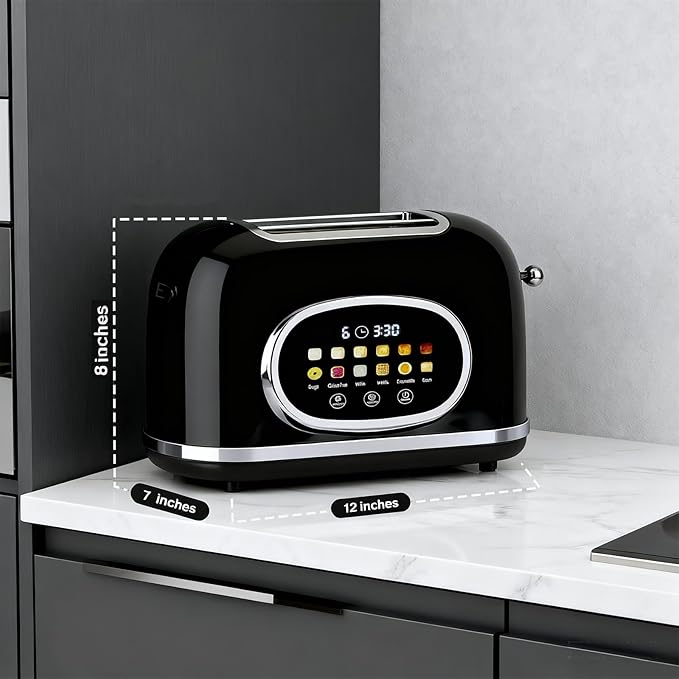 Roter Mond 2 Slice Toaster Smart Touch Screen Retro Stainless Steel Bread Toaster with Digital Timer Sleep Mode Bagel Cancel and Defrost Functions 6 Bread Types and Shade Settings Black