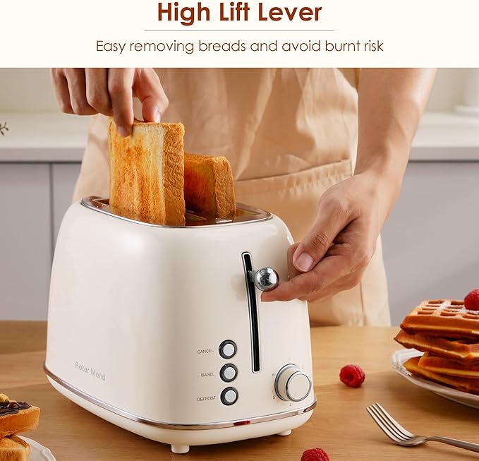 Roter Mond 2 Slice Toaster Retro Stainless Steel with Bagel Cancel and Defrost Functions 6 Bread Shade Settings Extra Wide Slots and Removable Crumb Tray Cream