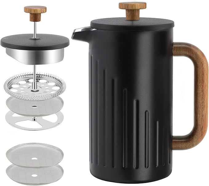 Rorence 34oz French Press Coffee Maker Coffee Press with Real Wood Handle &amp Plunger Head Double Wall Insulation &amp Dual-Filter Screen incl. replaced filters &amp instructions Black