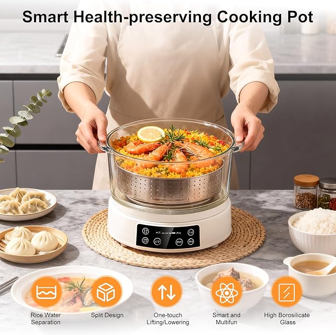 3L Low Carb Rice Cooker - 4H Keep Warm Low Sugar Rice Cooker with Auto-Lift Basket with Steaming Boiling and Hotpot in One