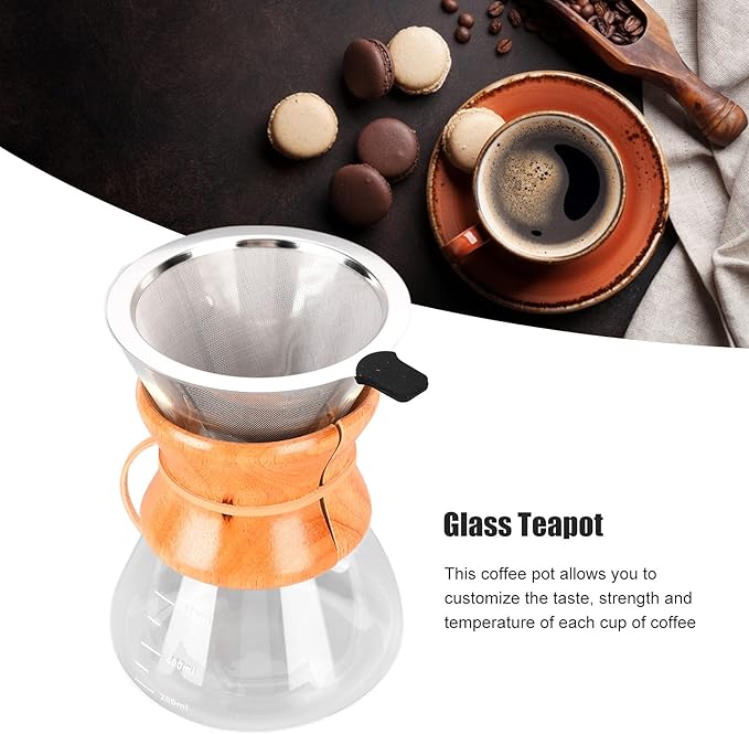 Pour Over Coffee Pot Glass Coffee Kettle Simple Design Drip Coffee Maker Heat Resistance Tea Pot with Resuable Stainless Steel Filter and Capacity Scale for Coffee Lovers (600ml)