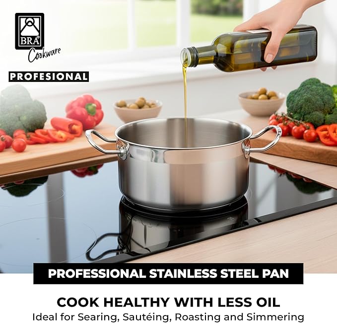 BRA COOKWARE Profesional 9-Piece Stainless Steel Cookware Set | Professional Pots &amp Pans Set | Kitchen Set w/ 2 Pots 1 Sauté Pan 3 Frying Pans 3 Lids | All Heat Sources Compatible | PFOA Free