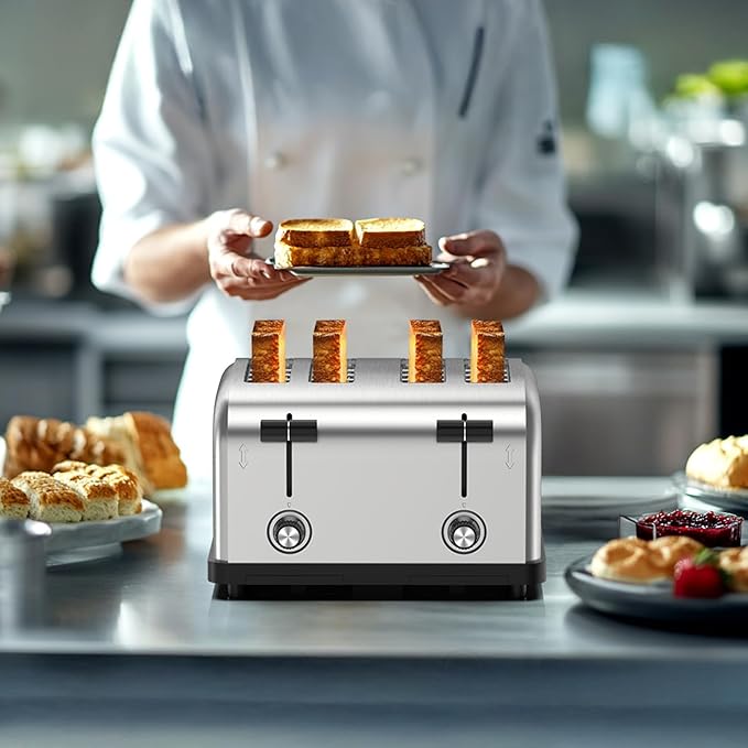 1800W Commercial Grade 4-Slice Pop Up Toaster -Stainless Steel 6-Browning Settings for Bread with Removable Crumb Tray for Bagel Bread English Muffins Waffles (Commercial &amp Home Use)