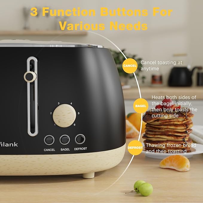 Toaster 4 SliceRetro Stainless Steel Toaster with Extra Wide Slots Dual Independent Control Panel Cancel Bagel Defrost Function Removable Crumb Tray Matt Black