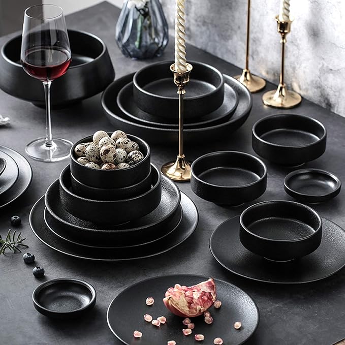 Ceramics Dinner Sets 46 Pieces Matte Black Glaze Cereal Bowl and Steak Plate Set | Porcelain Dinnerware Set for Family Gathering and Restaurant