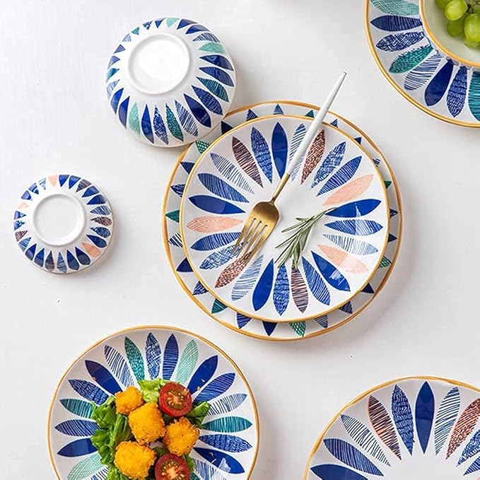 18 Pcs Dinnerware Sets Hand Painted Leaf Pattern Porcelain Tableware Set With Plates And Bowls Ceramic Dinner Set For Home Kitchen