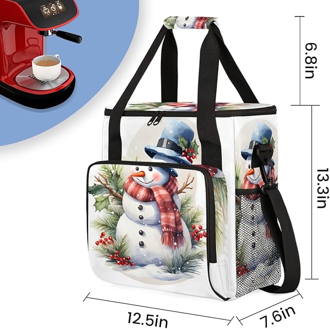 Christmas Snowman Coffee Maker Carrying Bag Modern Snowman Travel Storage Bag Compatible with K-Mini or K-Mini Plus Single Serve Coffee Brewer Carrying Case with Multiple Pockets &amp Shoulder Stra
