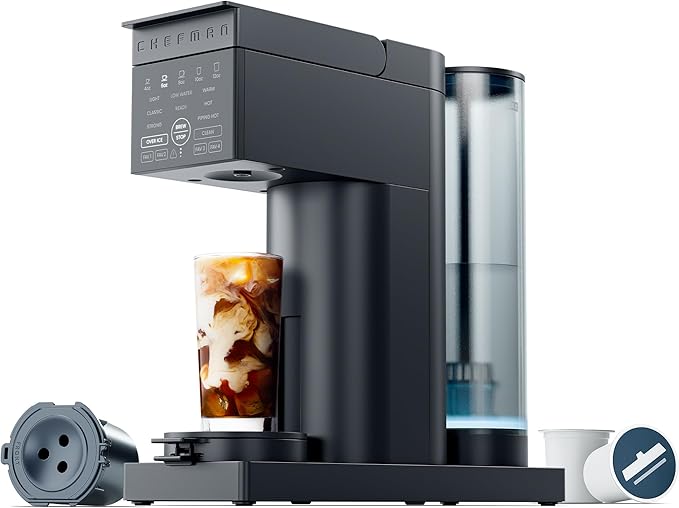 Chefman Caffeinator Single Serve Coffee Maker Brew Kcups &amp Grounds Drip Coffee Machine with Brew Strength Settings Iced Coffee Function 48 oz. Removable Water Reservoir