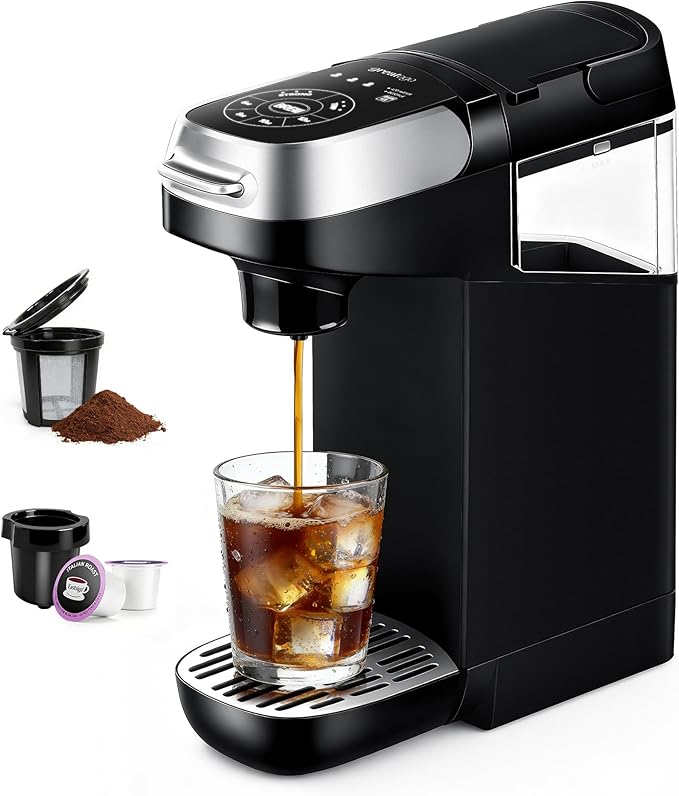 Small Single Serve Coffee Maker for K Cup and Ground Coffee Fast Brew One Cup Coffee 6 to 12 oz. Brew Sizes Machine with Descaling Reminder and Water Window Black