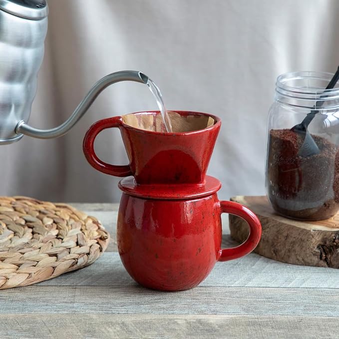 Asayu Japan Ceramic Coffee Pour Over Maker Set in Chrome Red Slow Brewing Paper Filter Holder and Dripper with 3 Holes for Coffee and Tea (Accessory Ceramic Mug)
