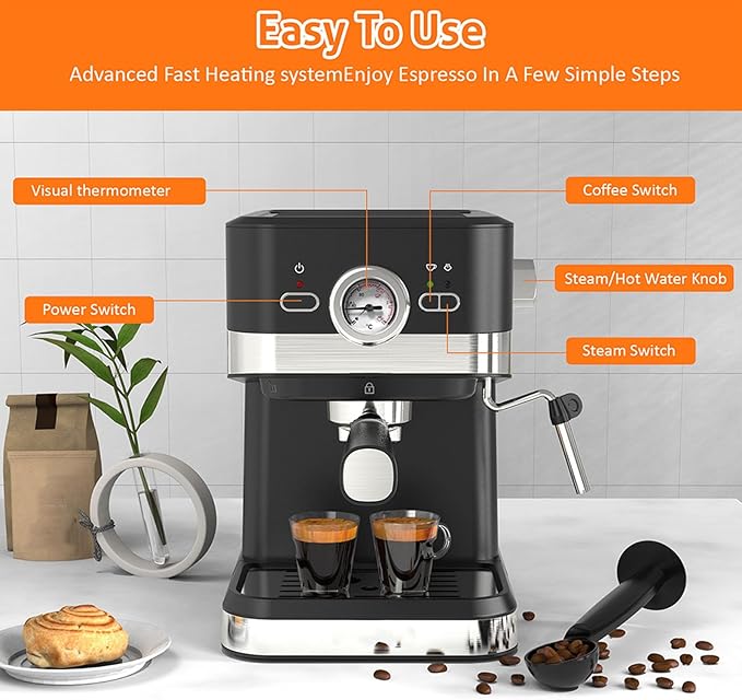 TOPINCN Coffee Machine 20 Bar Professional Coffee Maker 1050W Electric Coffee Maker with Milk Frother Steam Wand 1.5L Water Tank for Cappuccino Latte Making Automatic Coffee Machine