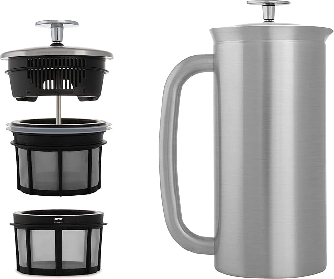 ESPRO - P7 French Press - Double Walled Stainless Steel Insulated Coffee and Tea Maker with Micro-Filter - Keep Drinks Hotter for Longer (Brushed Stainless Steel 18 Oz) Cleaning Powder