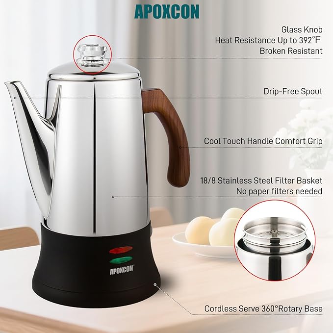 Electric Coffee Percolator Stainless Steel Coffee Pot with Two Tough Glass Clear Brew Progress Knob &amp Treated Solid Wood Handle &amp On/OFF Switch Auto Keep Warm Cordless Serve (8 Cup)