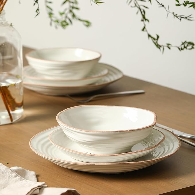 Stone Lain Nami 24-Piece Dinnerware - Stoneware Plates and Bowls Set Microwave and Dishwasher Safe Dish for 8 White