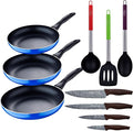 Set 3pc Frying Pan (16+20+24cm) Pressed Aluminium Induction Navy Blue Paradise with Set 3pc Kitchen Utensils Nylon with Set 4pc Stainless Steel Knives