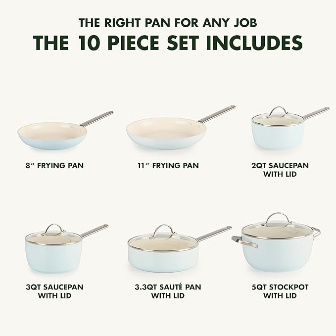 GreenPan Padova Hard Anodized Healthy Ceramic Nonstick 10 Piece Cookware Pots and Pans Set PFAS-Free Dishwasher Safe Light Blue