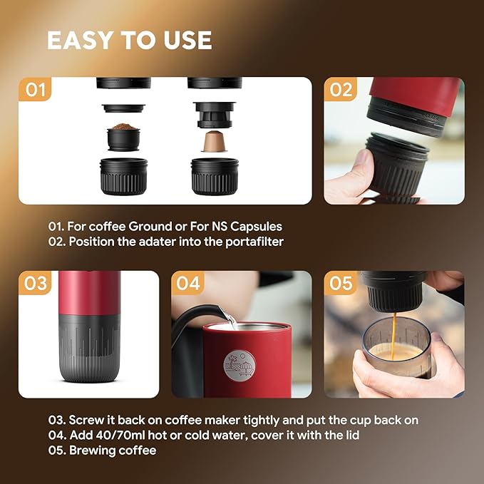 Portable Espresso Machine Travel Coffee Maker for Camping Car Coffee Maker Self-Heating with USB-C 20 Bar 2-in-1 Electric Coffee Maker With Ground Coffee &amp NS Capsule for RV Hiking Office(Whi