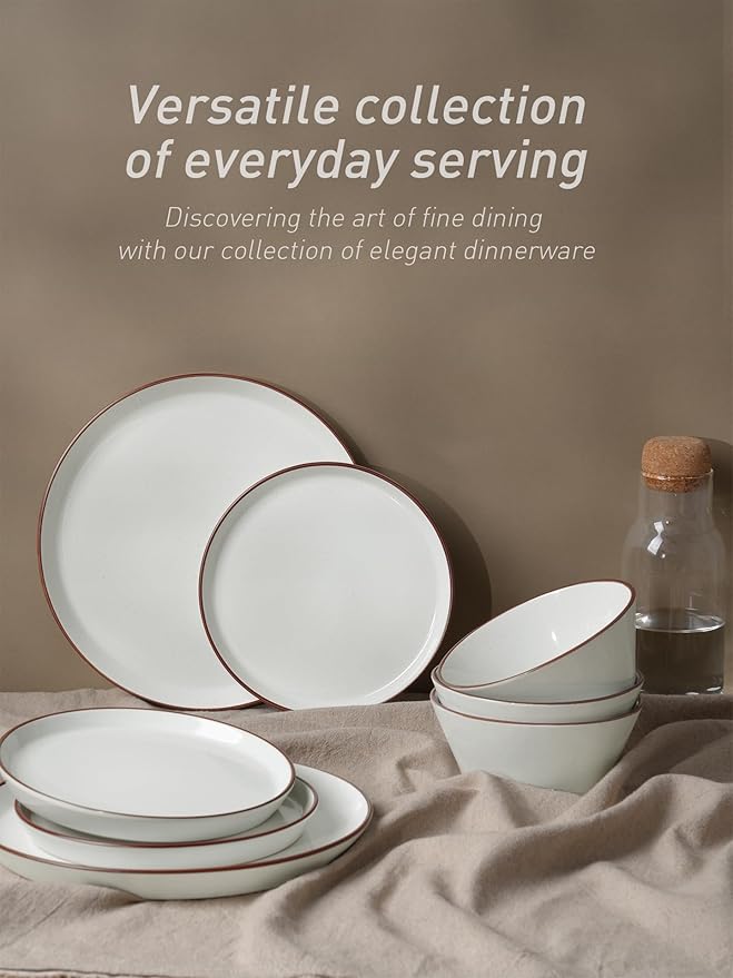 Famiware Saturn Dinnerware Sets Speckled Plates and Bowls Sets for 4 12 Pieces Stoneware Dish Set - Chip and Scratch Resistant Microwave and Dishwasher Safe Tableware Set White with Rim