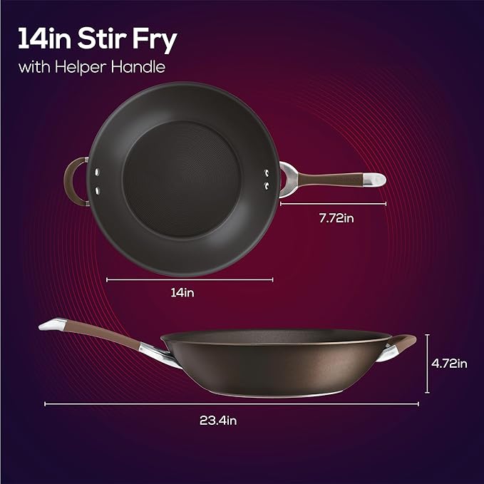 Circulon Symmetry Hard Anodized Nonstick Stir Fry / Wok Pan with Helper Handle - 14 Inch Chocolate