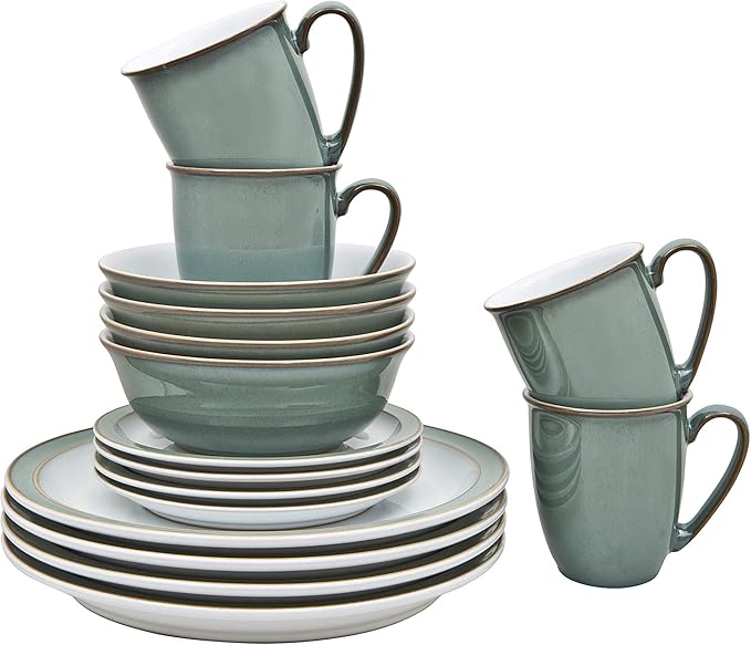 Denby - Regency Green Dinner Set For 4-16 Piece Ceramic Green White Tableware Set - Dishwasher Microwave Safe Crockery Set - 4 x Dinner Plates 4 x Small Plates 4 x Cereal Bowls 4 x Mugs