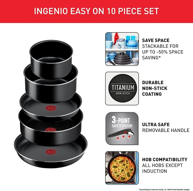 Tefal Ingenio Easy On 10 Piece Set Pots &amp Pans Set Stackable Easy Cleaning Non-Stick Coating Removable Handle Heat Indicator All Hobs Compatible Except Induction L1599143