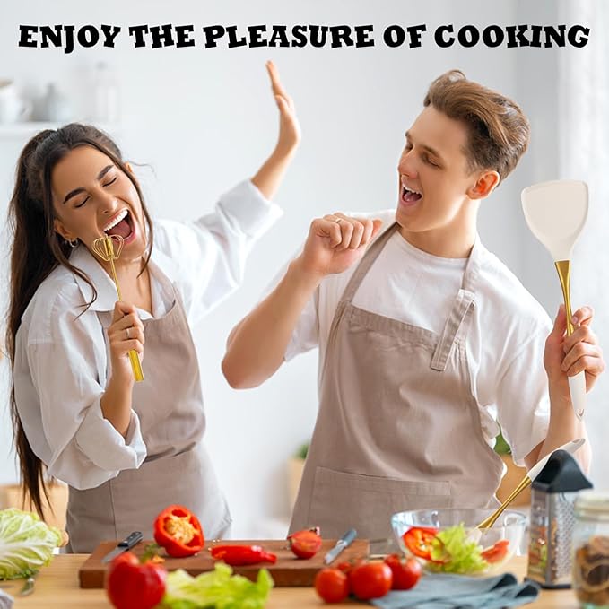 Elegant White Gold Silicone Cooking Utensils Set - Non-Toxic Dishwasher Safe Kitchen Utensils Set with Heat Resistant Comfort Handles - Includes Spatula &amp Spoon for Nonstick Cookware