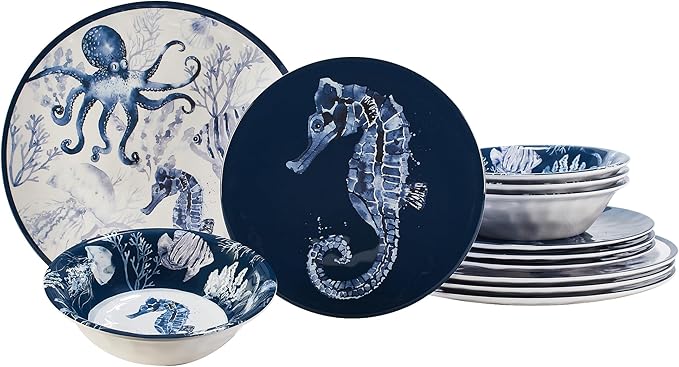 Sea Life Melamine 12 Piece Dinnerware Set – Service for 4 Coastal Themed Plates and Bowls with Ocean Art Reusable Nautical Dinnerware for Indoor/Outdoor Dining Dishwasher Safe Break-Resistant