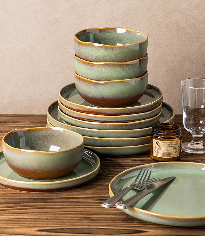 TheTerra Ceramic Dinnerware Sets for 4 12 Pieces Handmade Reactive Glaze Plates and Bowls Sets Scratch Resistant Dish Set Oven &amp Microwave &amp Dishwasher Safe Brown Green