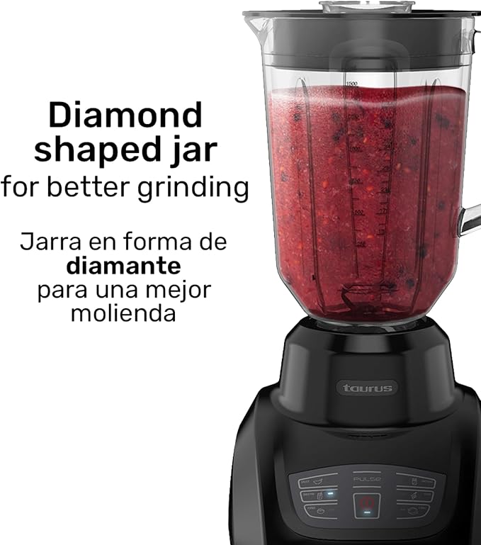 Taurus SEVILLA Countertop Blender | 48 oz Diamond Shaped Glass Jar | Touch Panel Controls with 6 Smart Pre Programmed Settings 8 Speed Control &amp pulse function built-in | 550 watts
