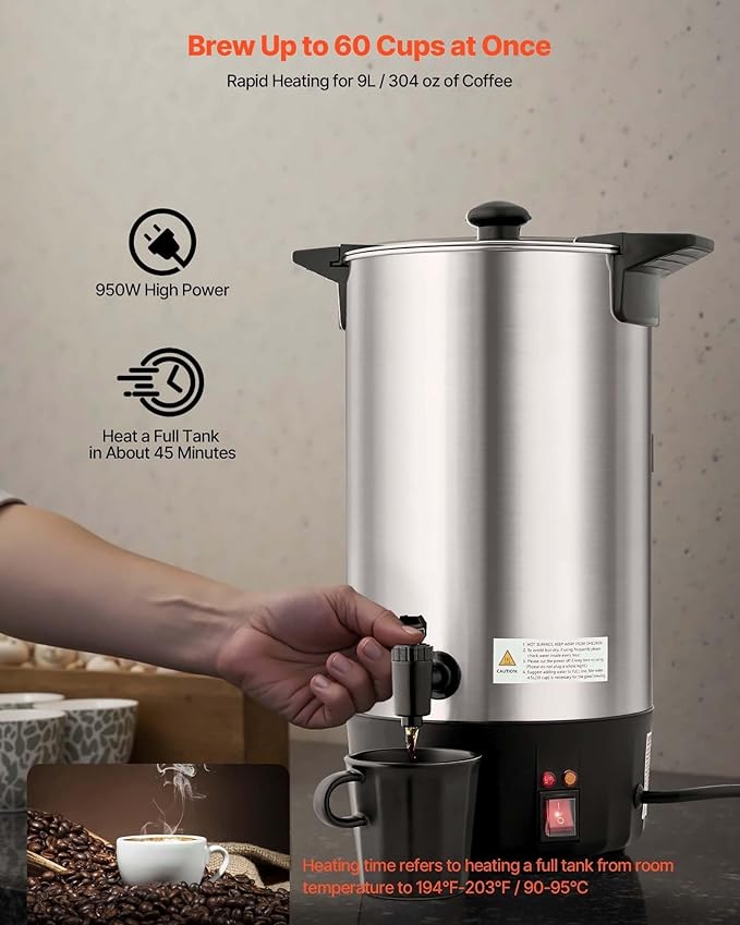 Coffee Urn 60 Cup 9L Stainless Steel Hot Beverage Dispenser Quick Brew Coffee Maker for Catering Parties Church Office Dripless Spigot