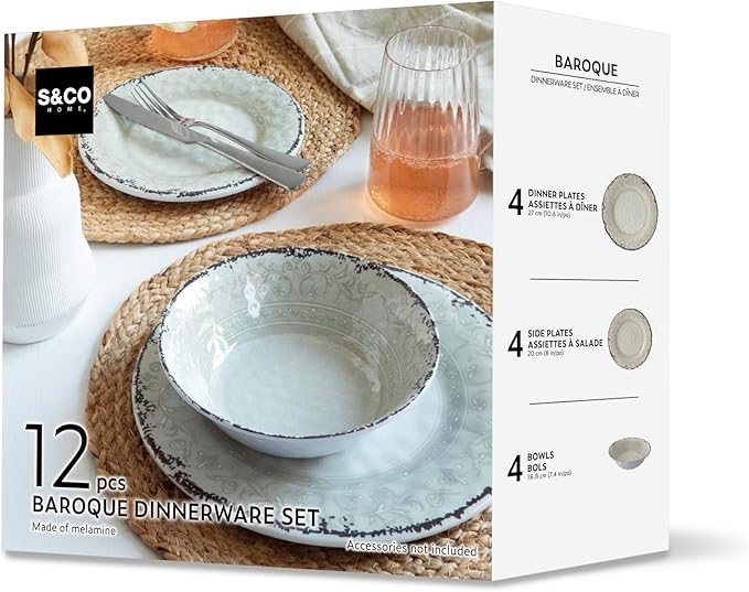 Melamine Dinnerware Sets Service for 4. Unbreakable Dishes. Scratch Resistant Melamine Ware. Plates and Bowls. Dishwasher Safe Platos De Melamina Baroque Design. Beautifully Packaged Gift Box