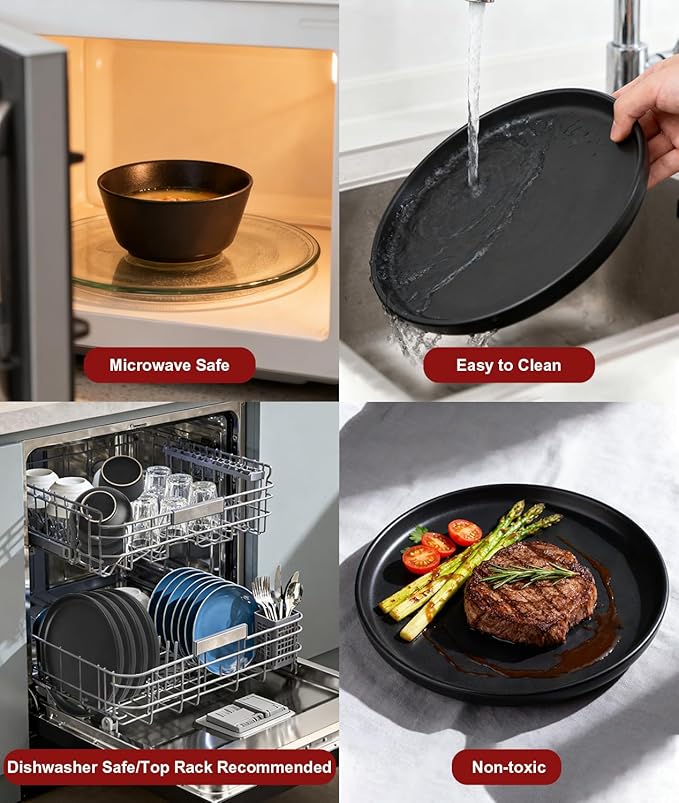 16 Pieces Ceramic Dinnerware setPlates and Bowls Sets for 4Black Dinnerware Set for Kitchen Modern Design Plate Sets with Black Rim Microwave and Dishwasher Safe