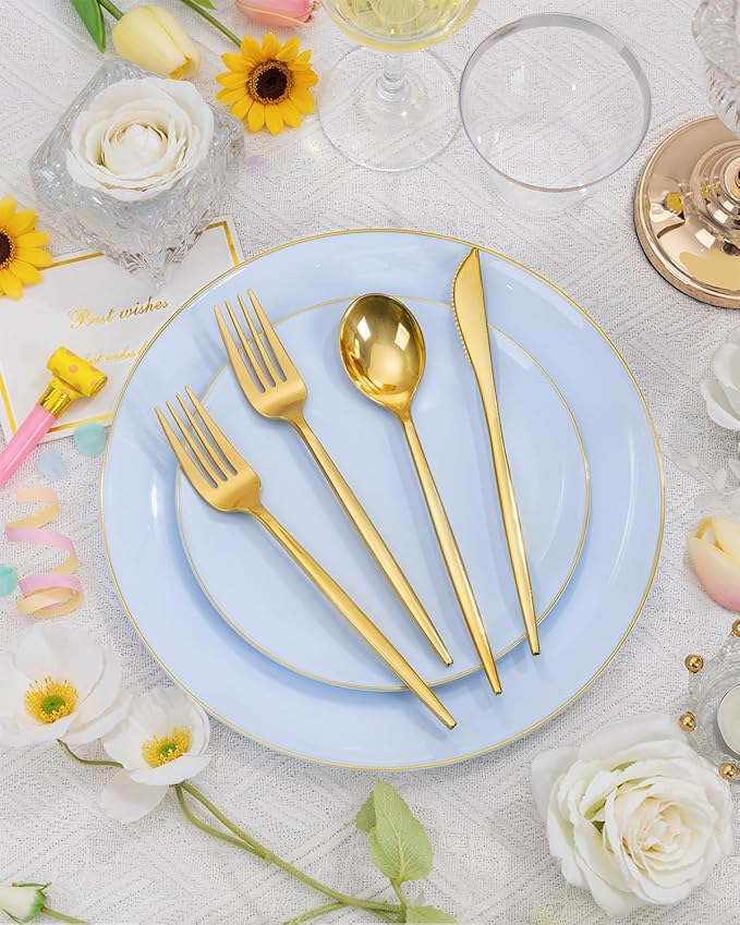 bUCLA 150PCS Blue Plastic Plates - Light Blue and Gold Disposable Include 25 Each (Dinner &amp Dessert) Plates 25 Knives 25 Forks 25 Spoons and 25 Cups Ideal for Party Easter Birthday &amp Wed