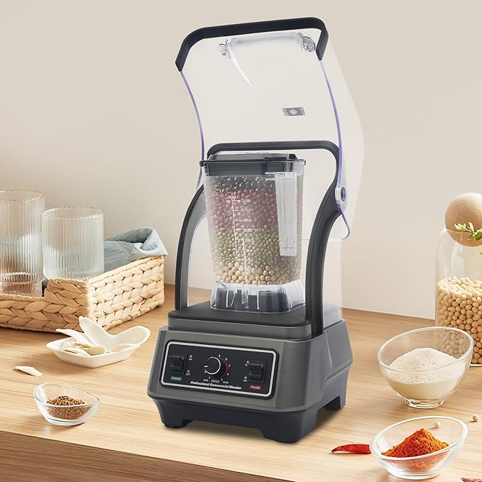 1600W Commercial Countertop Blender with Shield 23000 RPM &amp 68 Oz Container Stainless Steel 9-Speed &amp Pulse for Crushing Ice Smoothies Soups Heavy Duty Quiet Blender for Restaurant Cafe