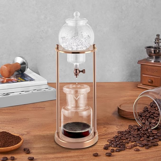 Cold Brew Dripper Coffee Maker Luxury Stainless Steel and Borosilicate Glass Coffee Maker with 600ml/20.29oz Capacity Quick Brew Drip Coffee Make for Café Home and Office (Gold)