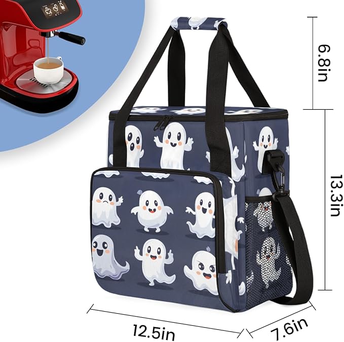 Cartoon Halloween Ghosts Coffee Maker Carrying Bag Travel Storage Bag Compatible with K-Mini or K-Mini Plus Single Serve Coffee Brewer Carrying Case with Multiple Pockets &amp Shoulder Strap