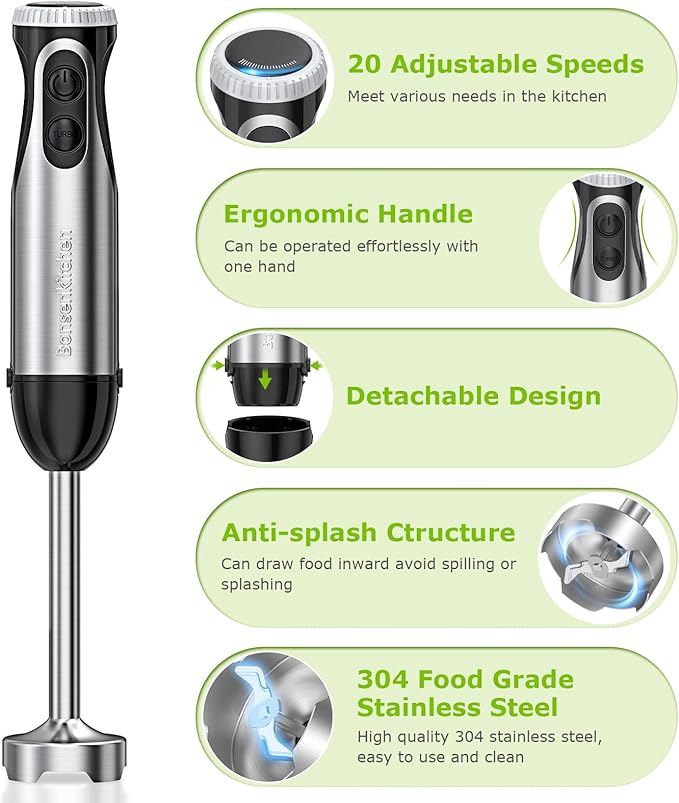 20-Speed Immersion Hand Blender with Whisk for Smoothies Puree Baby Food and Milk Frother Handheld for Coffee-Bundle