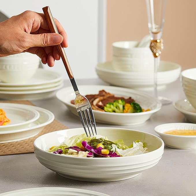 Embossed Art Dish Set 38 Pieces Serving Plates and Bowls Sets High Temperature Resistance Dinnerware Set for 6 Non-Slip Bottom Dining Table Set Smooth Surface Safe and Easy to Clean