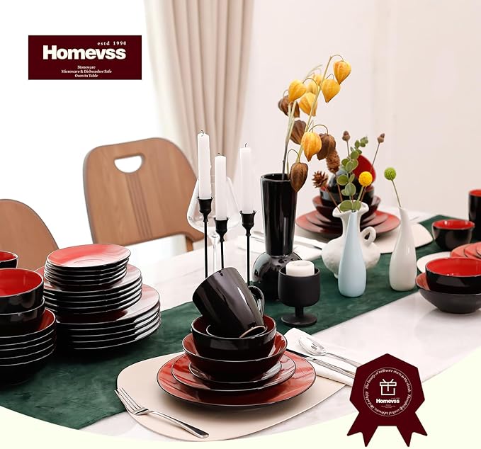 Stoneware Sonoma 56pc Dinnerware Set Black + Speckled Spin Wash Red