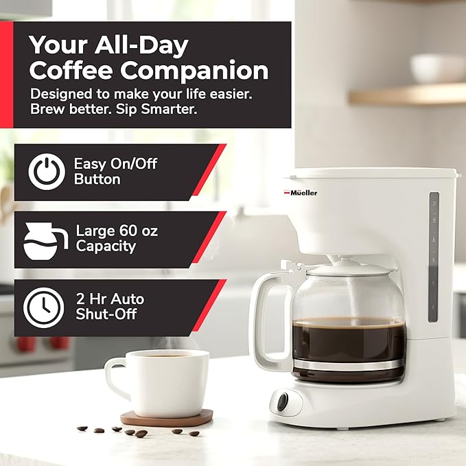 MUELLER HOME 12-Cup White Coffee Maker - Borosilicate Carafe Auto-Off Reusable Filter Anti-Drip Keep-Warm Function Clear Water Level Window White Kitchen Accessories