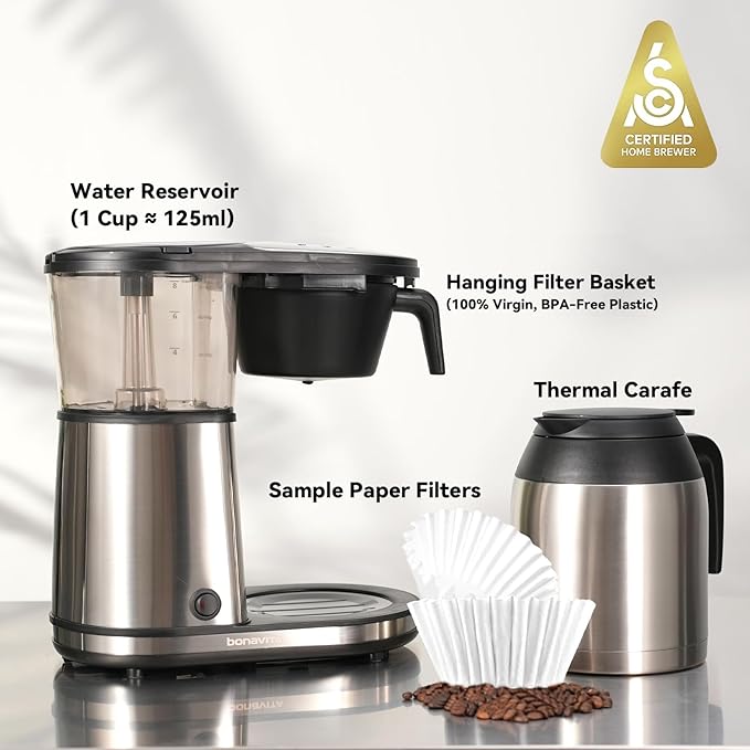 Bonavita 8 Cup Drip Coffee Maker Machine One-Touch Pour Over Auto Pause Brewing with Stainless Steel Double Wall Thermal Carafe SCA Certified Dishwasher Safe BV1901TS