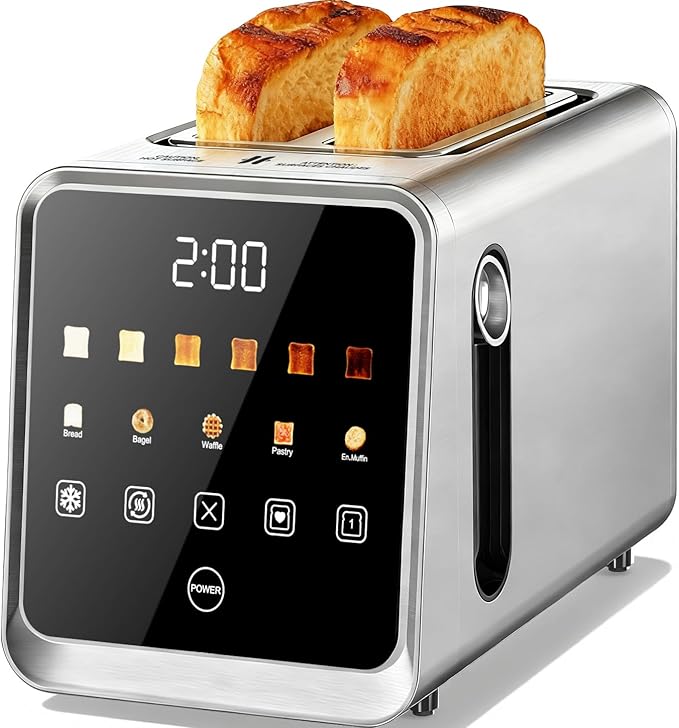 Touch Screen Toaster 2 Slice Stainless Steel Smart Digital Toasters with Single Slot Toasting Memory Function 5 Bread Types &amp 6 Shade Settings 1.5 Toasters 2 Slice Wide Slot 900W