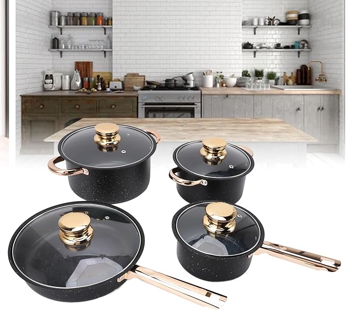 Pots and Pans Set YUYTE Stainless Steel Maifan Stone Coating Cookware Set Frying Pan Milk Pan Soup Pots Set with Glass Lids for Kitchen