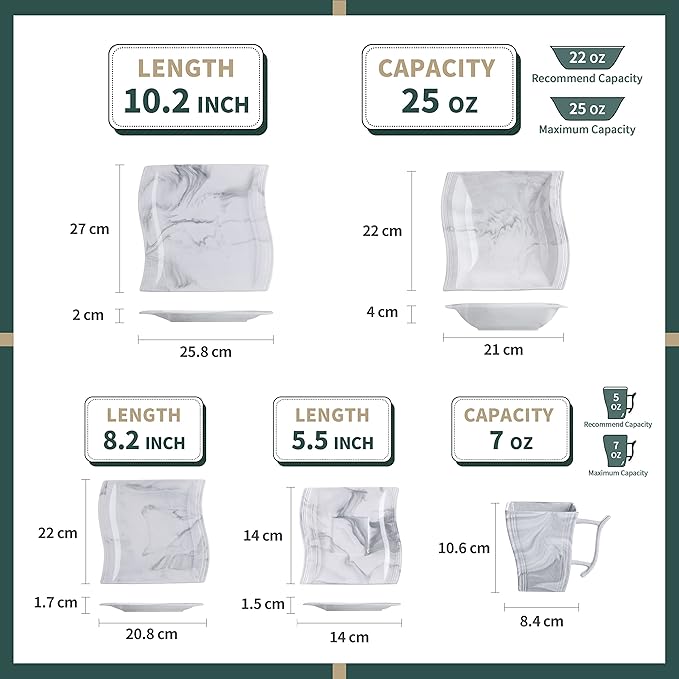 MALACASA 30 Piece Marble Grey Square Dinnerware Sets Bundle With 26 Piece Plates and Bowls Sets Series FLORA