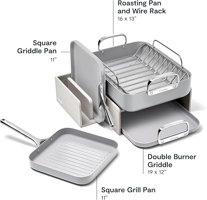 Caraway Square Cookware Set - Square Pans Set - Perfect for Griddling Toasting Searing Roasting and More - Non-Stick Ceramic Coated Pans - Non Toxic PTFE &amp PFOA Free - Gray